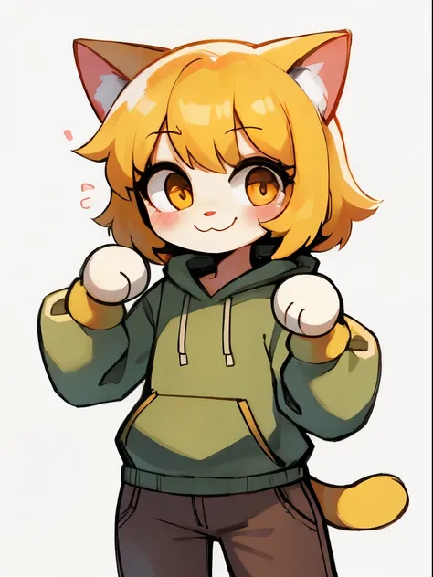 Yellow hair, Yellowish orange fur, green hoodie, brown pants, female, neco arc, cat