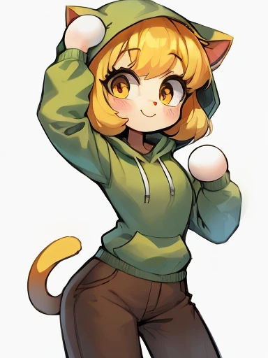 Yellow hair, Yellowish orange fur, green hoodie, brown pants, female, neco arc, cat