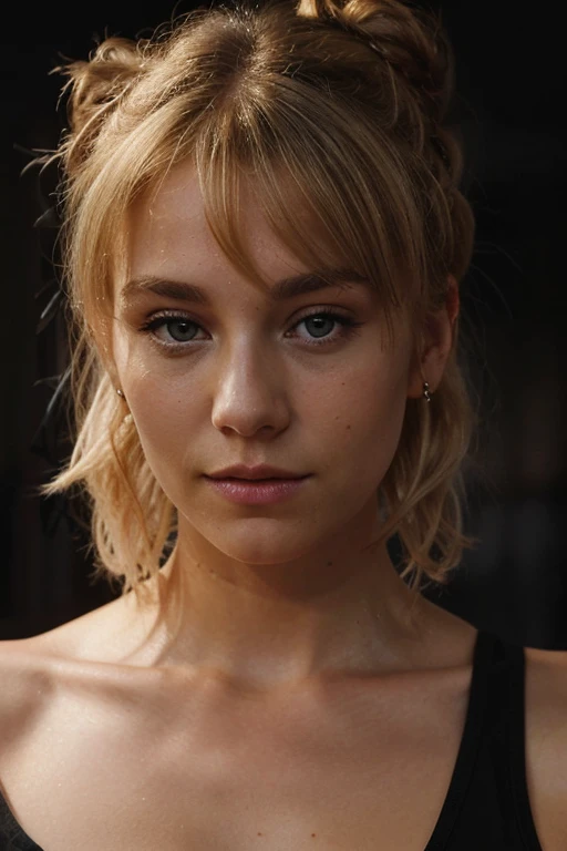 an eye contact of a blond with bun hair and dark theme