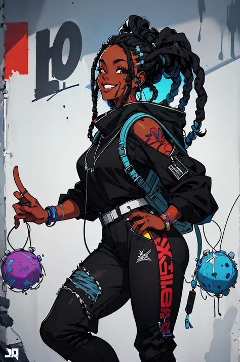 a black girl graffiti artist, Dj, Music, Black and blue dreads, urban, , vibrant fan art, backpack, hip-hop, headphones on ear, music, sexy, tight clothing smiling, ( Masterpiece) ( Best Quality)