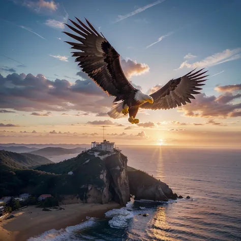 (extremamente detalhado CG unidade 8k papel de parede, master part, best quality), stunning sunset, majestic eagle flying over the horizon.