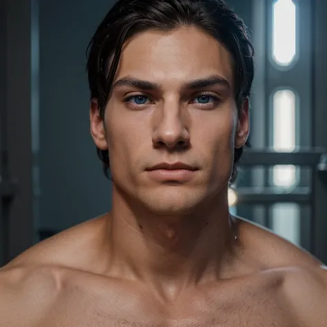 Young man with blue eyes, Dark hair. His face is a noble nose, high cheekbones, and a clear jawline, pouty lips. His physique is a mixture of subtle athleticism and attractiveness.., slightly tinted. The look is deep and serious