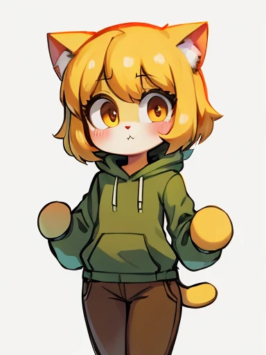 Yellow hair, Yellowish orange fur, green hoodie, brown pants, female, neco arc, cat