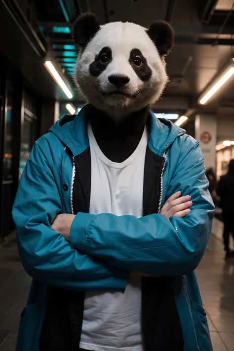 Panda, cyberpunk ultra realista
((best quality)), ((master part)), (circunstanciado), angry panda face Cyan blue coat Crossed arms