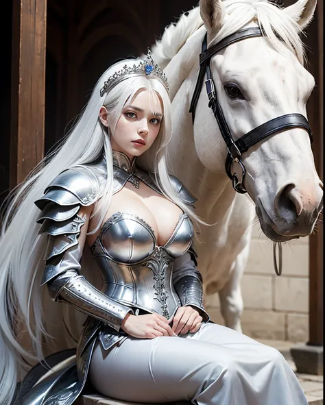 Female , white hair , Large breasts，Silver armor，tiara crown，dramatics , sit on horse