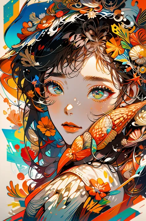 absurdres, highres, ultra detailed, 1girl, solo, extremely detailed eyes, starfish, seashell, shell, flower, hat, hair ornament, jewelry, straw hat, looking at viewer, sunglasses, hat flower, drinking straw, hairclip, earrings, red flower, tinted eyewear, ...