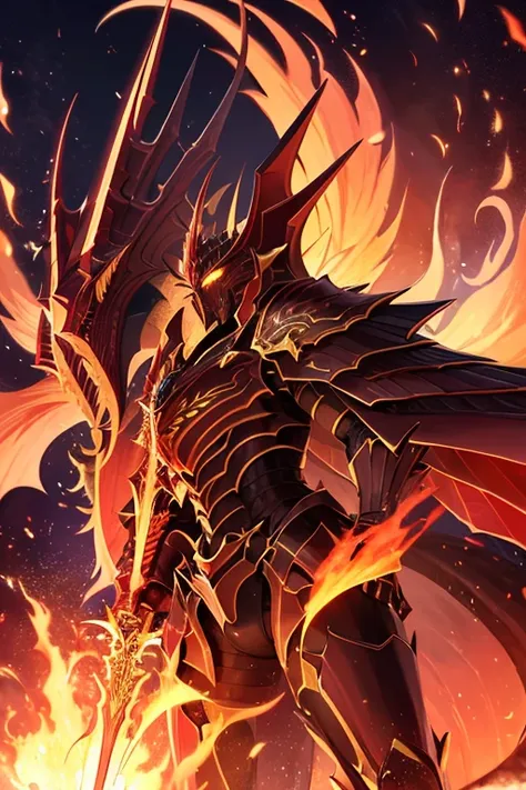 "Draw an imposing Dragonic Overlord wearing majestic armor with predominantly red and yellow colors. Sua espada de fogo, brilhando com chamas intensas, reflete seu poder ardente. Be sure to capture the essence of this draconian leader&#39;s majesty and fla...