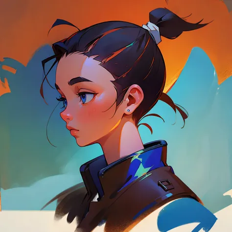 side profile, bust portrait, ponytail, painting