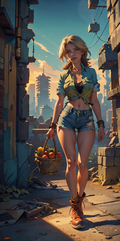 2076 year. The Urban Ruins of the Wasteland, Female huntress picking fruit in the garden, beautiful face, torn shirt and denim shorts ,  long legs, sweating through, sun rising, Nice warm colors, head to toe full body shot