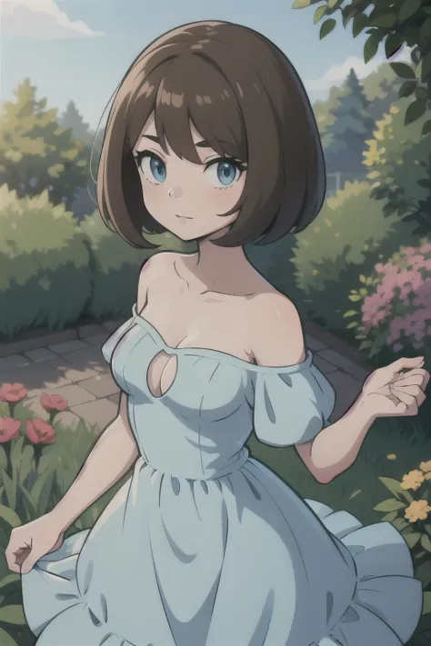 Bianca (pokemon heroes), brown hair, bob cut, medium hair, blue eyes, soft skin, Light Blue Dress, Strapless Light Blue Dress, Ruffle Off-the-Shoulder Top, Off-the-Shoulder Dress, Long Skirt, anime, masterpiece, best illustration, 2d, very high resolution,...