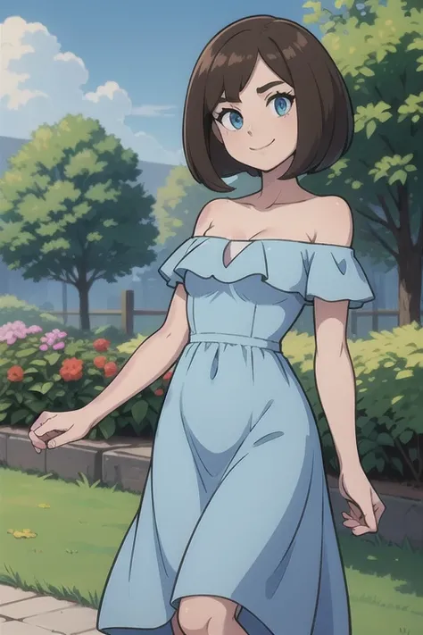 Bianca (pokemon heroes), brown hair, bob cut, medium hair, blue eyes, soft skin, smile, Light Blue Dress, Strapless Light Blue Dress, Ruffle Off-the-Shoulder Top, Off-the-Shoulder Dress, Long Skirt, anime, masterpiece, best illustration, 2d, very high reso...