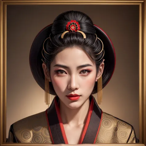 a geisha with black hair, full lips, beautiful eyes, silky skin, wearing a small ornament in her hair, wearing a stylized beautiful kimono, portrait of a realistic geisha, hyperrealistic portrait a beautiful geisha, photorealistic elegant japanese woman, p...