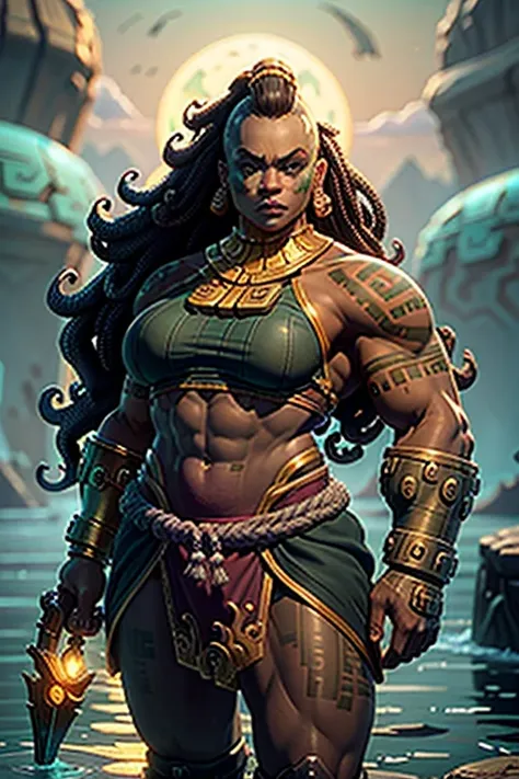 Illaoi, 1girl, pele escura, cabelos longos, musculoso, sozinho, Standing, Rosto detalhado, olhos ultra detalhados, Olhando para o Viewer, cowboy shot, parte superior do corpo, standing on the liquid, shipwreck, (master part:1.2, best quality)