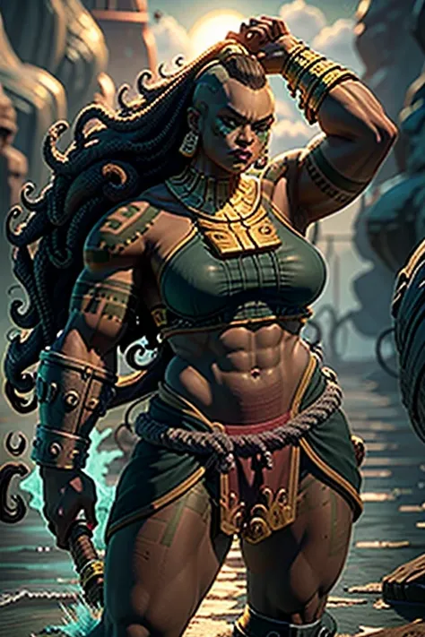 Illaoi, 1girl, pele escura, cabelos longos, musculoso, sozinho, Standing, Rosto detalhado, olhos ultra detalhados, Olhando para o Viewer, cowboy shot, parte superior do corpo, standing on the liquid, shipwreck, (master part:1.2, best quality)