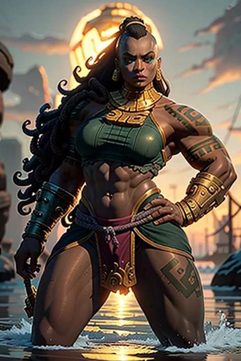 Illaoi, 1girl, pele escura, cabelos longos, musculoso, sozinho, Standing, Rosto detalhado, olhos ultra detalhados, Olhando para o Viewer, cowboy shot, parte superior do corpo, standing on the liquid, shipwreck, (master part:1.2, best quality)