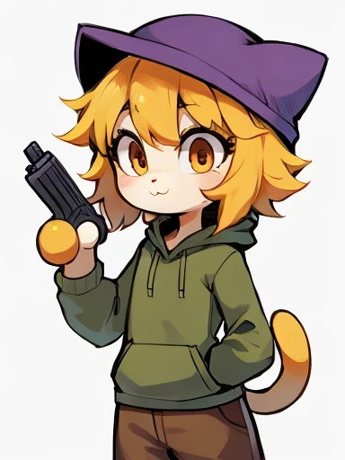 Yellow hair, Yellowish orange fur, green hoodie, brown pants, female, neco arc, cat, holding gun, purple hat