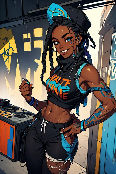 a black girl graffiti artist, dj, music, black and blue dreads, urban, snapback hat, vigilante, vibrant fan art, backpack, hip-h...