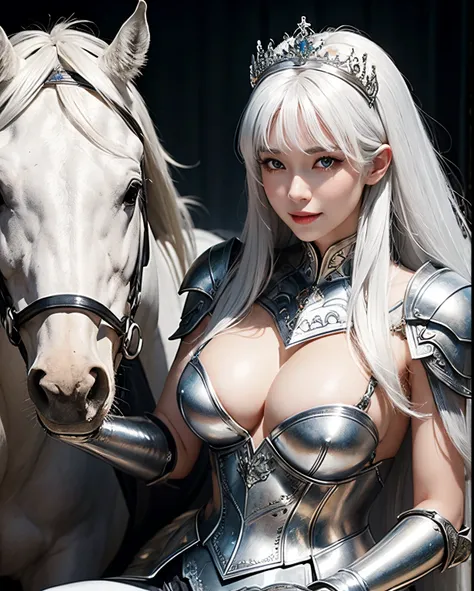 Female , slim smile , white hair , Large breasts，Silver armor，tiara crown，dramatics , sit on horse