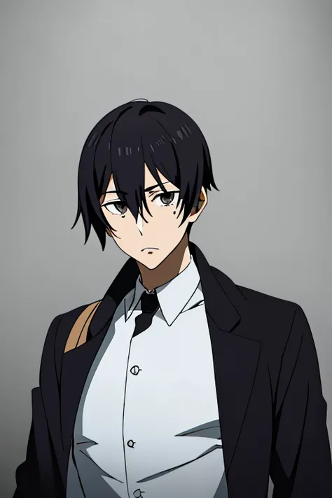 masterpiece, best quality, high quality, 1boy, solo, male focus, looking at viewer, upper body, hiroshi_yuuki, black hair, hair between eyes, black eyes, , coat