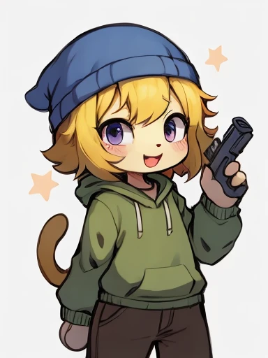 Yellow hair, Yellowish orange fur, green hoodie, brown pants, female, neco arc, cat, holding gun, purple beanie