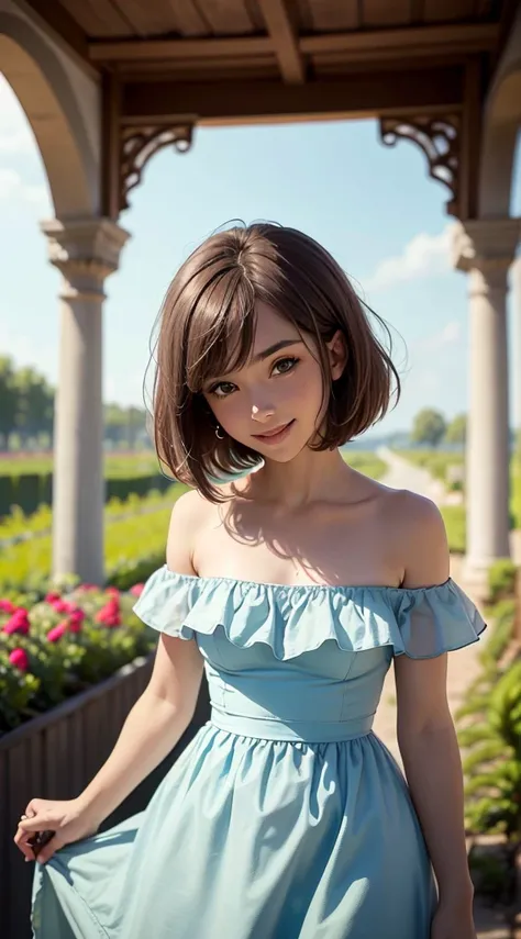 brown hair, bob cut, medium hair, blue eyes, soft skin, smile, Mexican Dress, Strapless Light Blue Dress, Ruffle Off-the-Shoulder Top, Off-the-Shoulder Dress, Long Skirt, very high resolution, 1girl, garden, a lot of small details