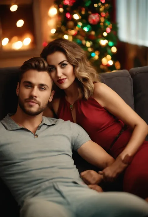 3/4 view, a hyperdetailed analog photograph of a 28yo couple-man and woman sitting on sofa in the Christmass room , Model, similar to Miley Cyrus tender and nice , stylish mini dress, detailed face, realistic eyes, big boob