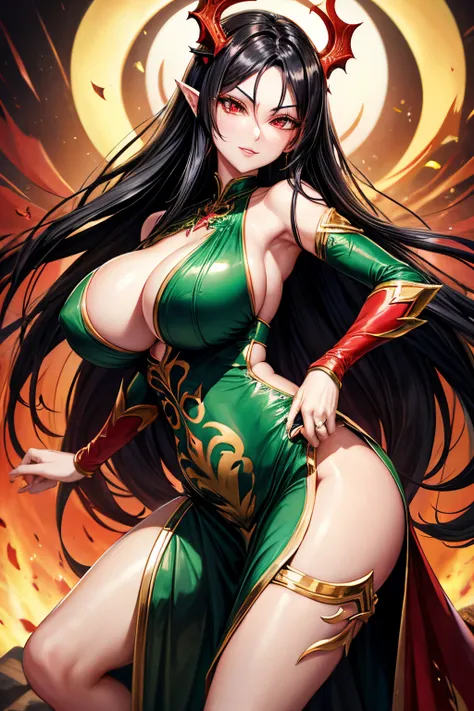 dragon woman milf , black long hair , red big ayes ,big boobs , golden horn , green sexy dance dress