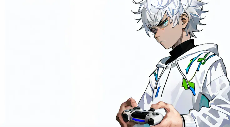 a boy holding a controller with his two hands , a mad serious face with full concentration , white background and colorful character , white hair and some black line