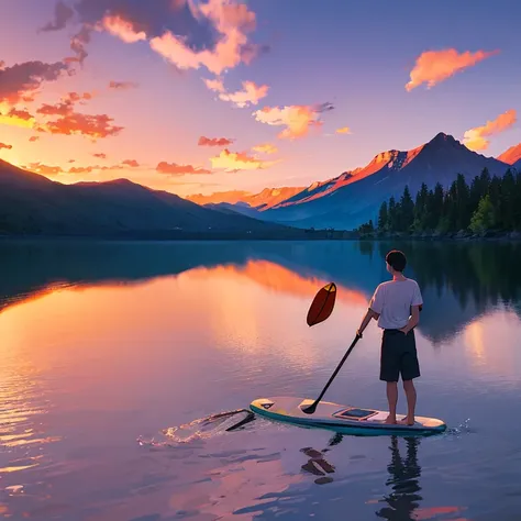 one man alone standing in his stand up paddle in the middle of the lake, sundown, mountains