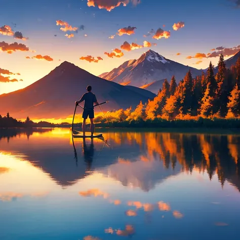 one man alone standing in his stand up paddle in the middle of the lake, sundown, mountains