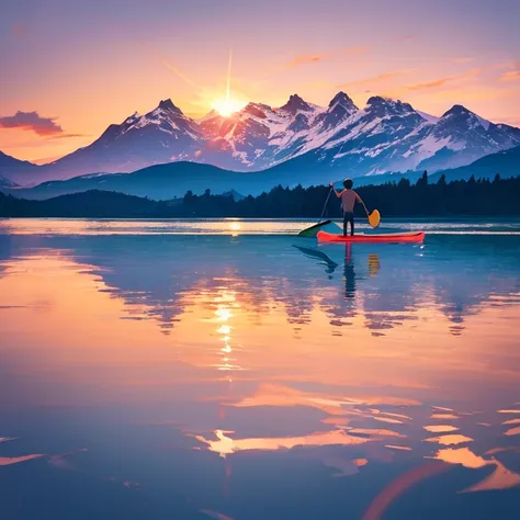 one man alone standing in his stand up paddle in the middle of the lake, sundown, mountains