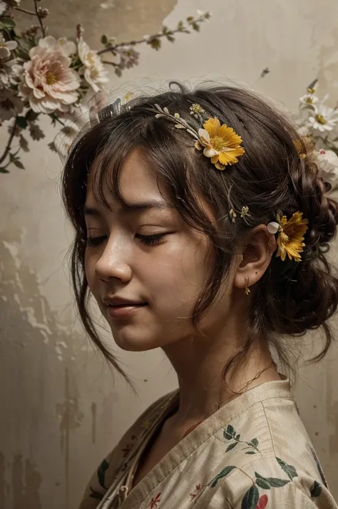 ((side view)) closed eyes , dreaming , little smiling , Chinese teenager , with flowers on her head , in the style of classical paintings , organic and naturalistic compositions, floral explosions, ,soft light  red and yellow ,  wall with floral pattern , ...