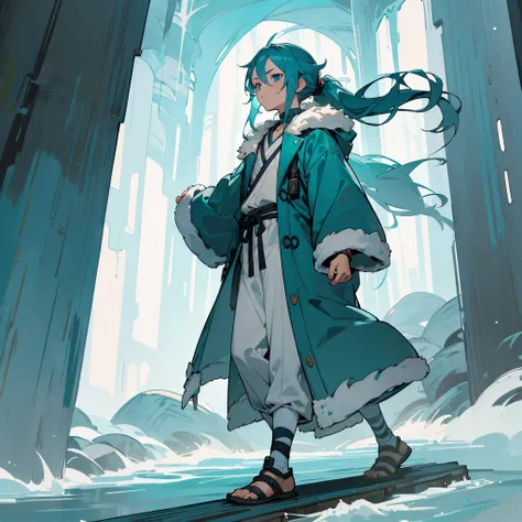 1male, young teen, short wavy low ponytail, teal colored hair, finely detailed blue eyes, casual adventurous clothes, jacket with fur hood, bandages wrapped around one arm, bracelet, forest, grotto, waterfall, small shrine, walking down path, serious