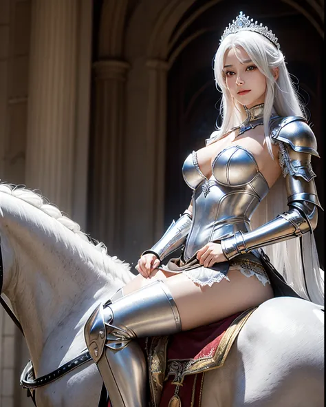 Female , slim smile , white hair , Large breasts，Silver armor panty，tiara crown，dramatics , sit on horse