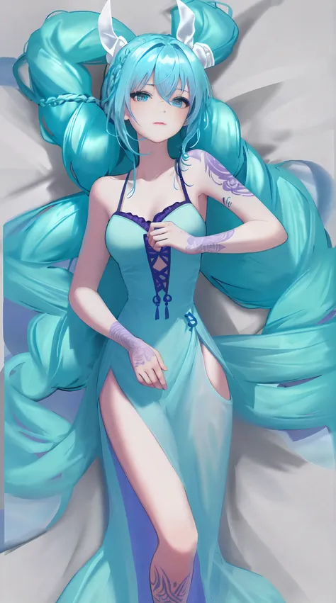 On the beach there is a girl wearing a light cyan long dress with tattoos on her body, light purple hair, long braids, lewd expression, seductive posture, with a perfect body, full body close-up