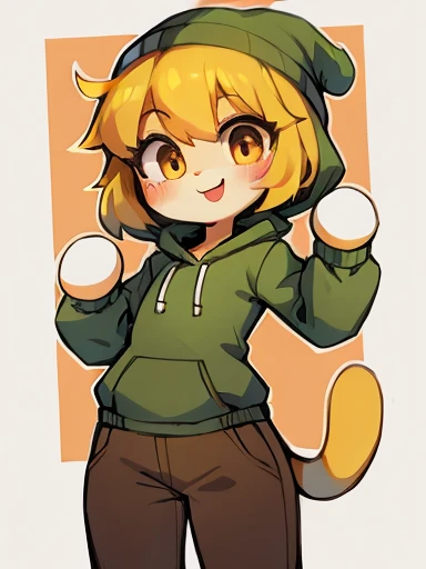 Yellow hair, Yellowish orange fur, green hoodie, brown pants, female, neco arc, cat, purple beanie