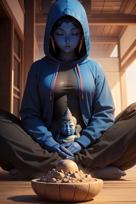 There is a blue Buddha statue facing the front and wearing a hoodie hood,Buddha, the buddha, buddhism, beautiful image,Buddha,Buddha