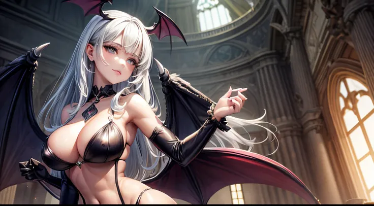 1girl, Morrigan Aensland, sozinho, cabelos longos, clivagem, head wings, bareshoulders, cabelos verdes, Manoplas de noiva, Demon girl, olhos verdes, Olhando para o Viewer, Asas, ..bat (bicho), sorrir, 鎖骨, parte superior do corpo, Asas de morcego,MILF,Seios...