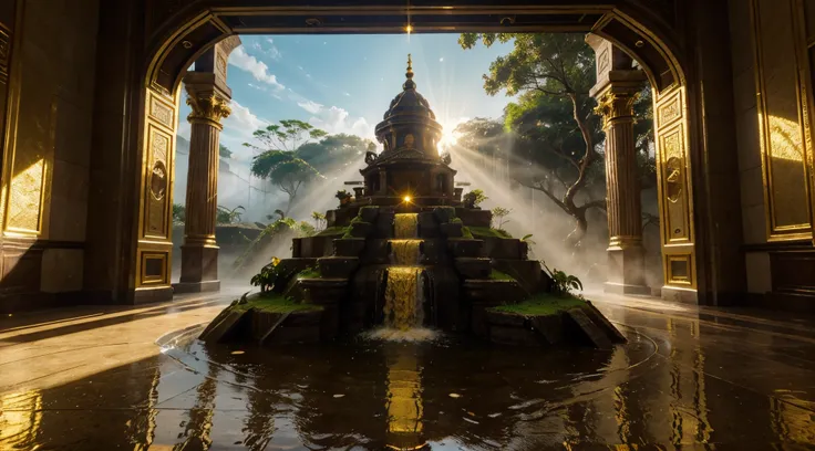 Imagine yourself immersed in an ultra-realistic scene of the legendary lost city of Eldorado, that rests majestically on the banks of the mighty Amazon River, In the middle of a dense and enigmatic forest. Visualize a cidade coberta por uma neblina misteri...