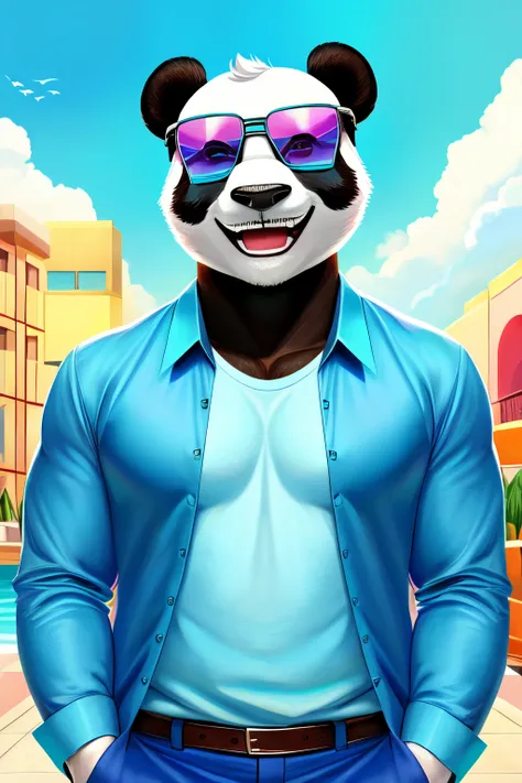 ((best quality)), ((master part)), (circunstanciado), perfect face Head of a panda on a male body, wearing a cyan blue blouse and white pants, cyan blue sunglasses