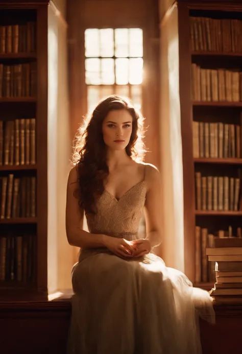 A photo of Bella sitting in a cozy corner of the library, with sunlight streaming through the window and casting a warm glow on the books around her.,Twilight Saga,Bella is a girl with a heart shaped face. She has pale skin and chocolate brown eyes. Her ha...