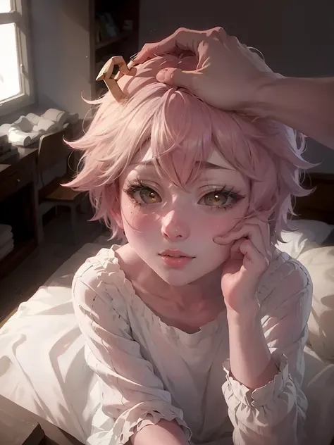 (master piece: 1.1) BREAK (mina ashido) BREAK detailed face, yellow eyes, high detailed eyes, ((pink skin, detailed yellow eyes)), high details on eyes, black pupils, ((IncrsHeadpatPOV, headpat, pov)), wearing casual shirt, mature body, horns on head, colo...