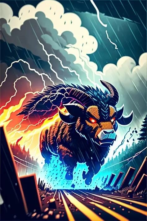 (best quality,highres:1.2),ultra-detailed,realistic,angry ram made of lightning destroying trees, farms, houses and people,electric sparks,devastated landscape,dark stormy clouds,dramatic atmosphere,splintered wood,smoke rising,debris flying,dismayed towns...