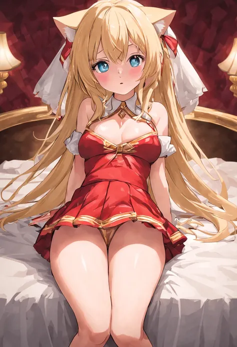 A sexy cute blue eyed blond Neko girl whos full on blushing whos body is exposed whos laying on a bed with her legs spread wide open with her knees near her head with a red really short skirt with a front end of the bed image and her butt is pointed near t...