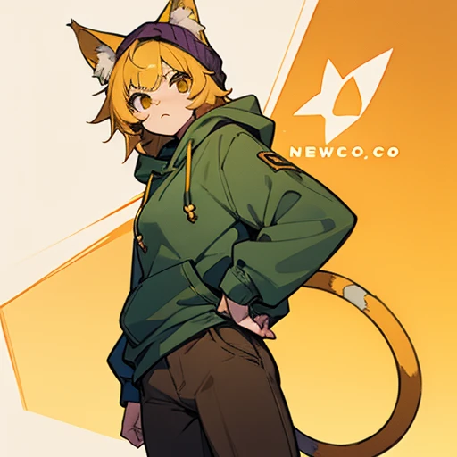 Yellow hair, Yellowish orange skin, green hoodie, brown pants, female, neco arc, cat girl, purple beanie