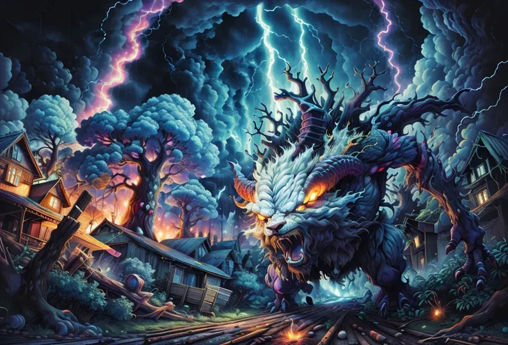 angry ram made of lightning destroying trees, farms, houses and people,electric sparks,devastated landscape,dark stormy clouds,dramatic atmosphere,splintered wood,smoke rising,debris flying,dismayed townspeople,crackling energy,massive thunderbolts,frighte...