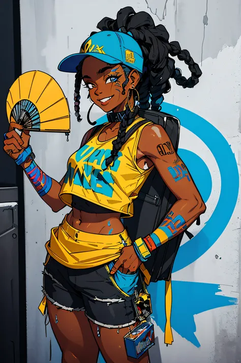 a black girl graffiti artist, dj, music, black and blue hair dreads, music urban, snapback hat, vigilante, vibrant fan art, back...