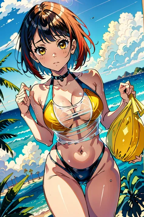 master part, Qualidade Superior, Absurdidade, anatomia perfeita, 1 girl, sozinho, Contos Pascal, short hair, Agachamento com a virilha aberta, sorrir, Praia, Pachinko Swimsuit,Big, [NSFW],areola protrudes,virado para a frente,wearing a yellow swimsuit,Swim...