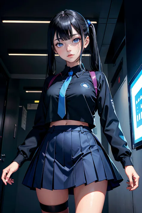 arafed woman in a blue shirt and black skirt posing for a picture, seifuku, JK school uniform, y 2 k cybercore, cyber school girl, magic school uniform, blue uniforms, photograph of a techwear woman, witch clothes, shikamimi, (new tokyo), sakimichan hdri, ...