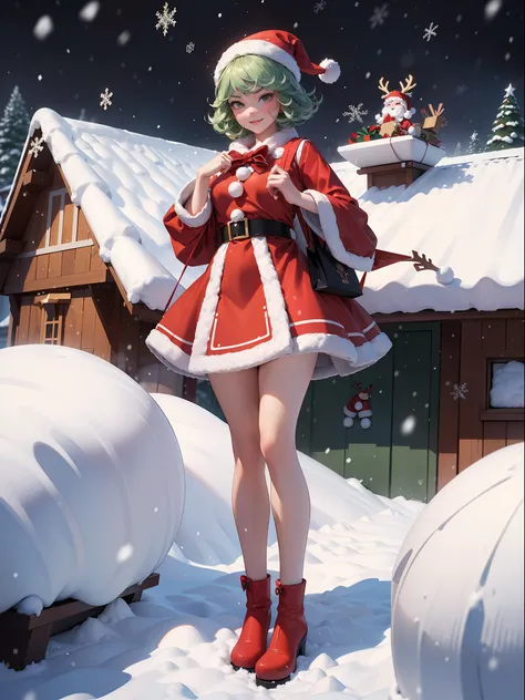 ((Full body+standing up)), Tatsumaki, ((wearing a Santa Claus outfit with+holding a gift bag)), She is smiling, looking at the viewer, ((its snowing+on top of a house roof+with a reindeer sleigh)), Hyperrealism, 16k, best quality, high details, masterpiece...